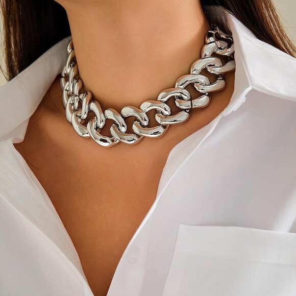 Fashion Gold Silver Punk Cuban Link Chain Choker Bohemian Chunky Chain Necklace - Picture 2 of 5